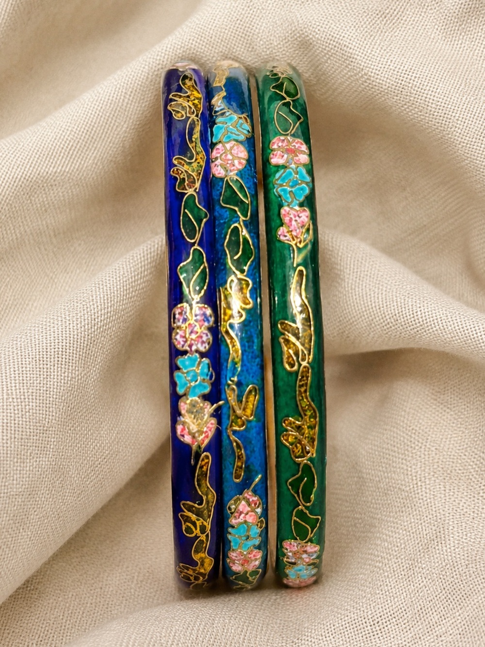 Vintage Cloisonné Floral Enamel Bangle Bracelet Royal Blue Gold Toney